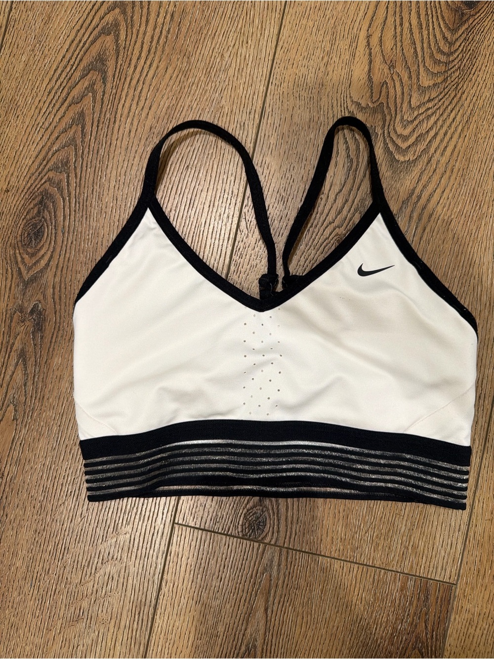 Nike White Sports Bra with Black Trim & Striped Band